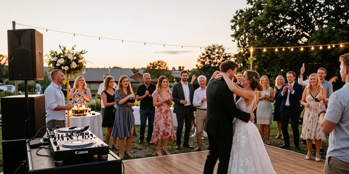DJ für Hochzeit Berlin mit festlicher Stimmung und tanzenden Gästen im Freien.