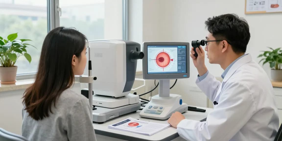 Ophthalmologist explaining glaucoma treatment to a patient in a modern clinic.