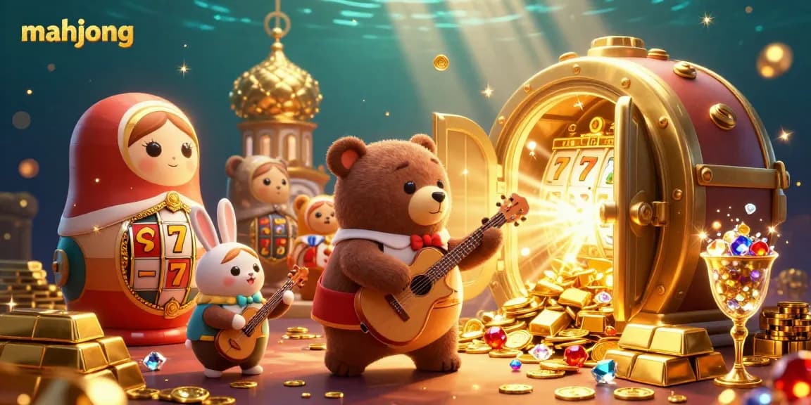 Engage in mahjong excitement with vibrant characters and rich casino elements in this 3D illustration.