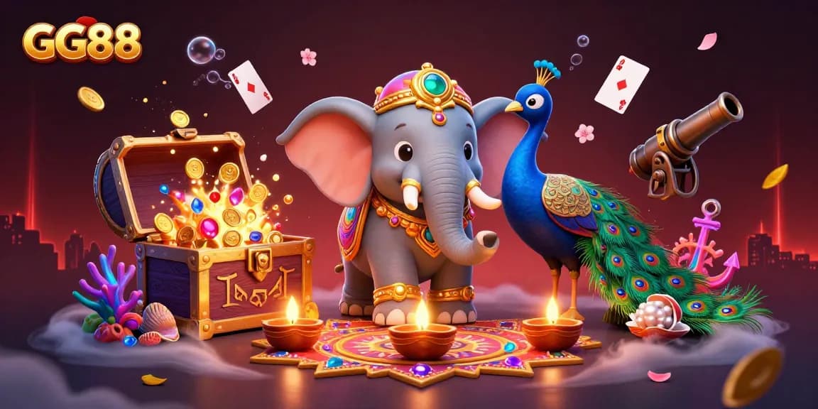 Experience excitement with GG88's vibrant 3D casino illustration showcasing games and rich symbolism.