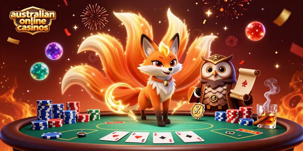 Experience the thrill of australian online casinos with a vibrant 3D illustration featuring poker and magic.