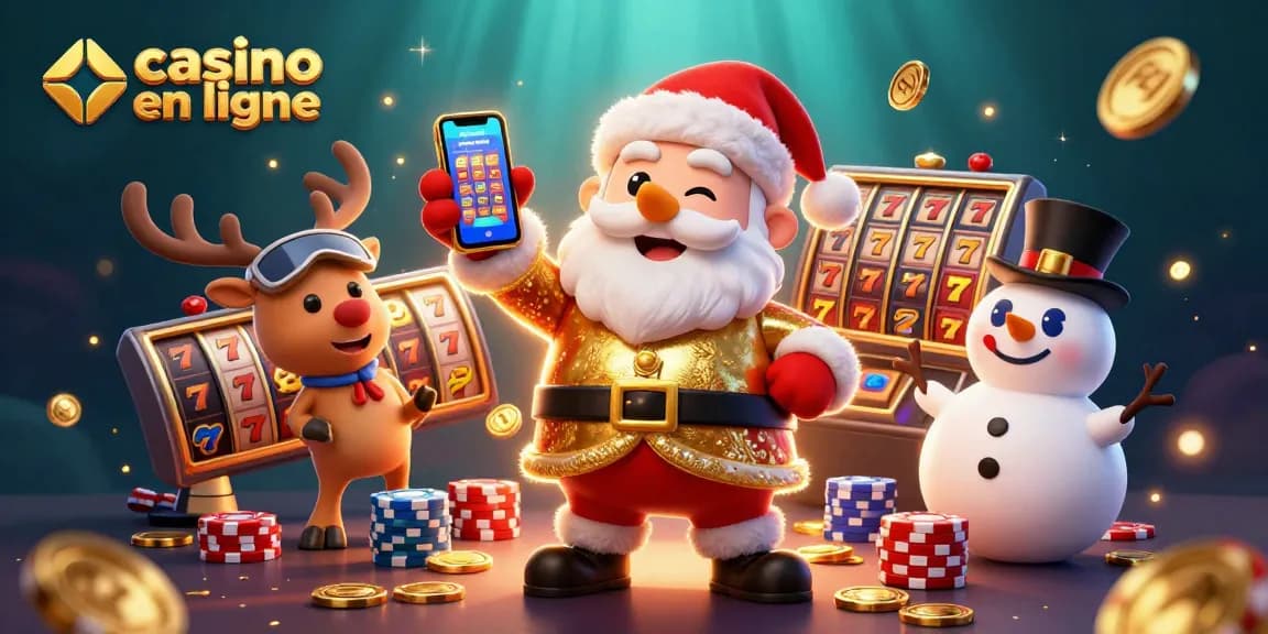 Gagnez au casino en ligne avec Santa et ses amis dans une illustration animée.