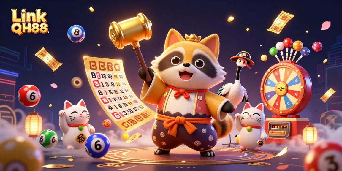 Experience Link QH88 with vibrant lottery elements, cheerful tanuki, and engaging casino atmosphere.