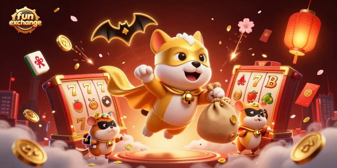 Engage with fun exchange platform as a superhero dog and hamster celebrate with coins and games.