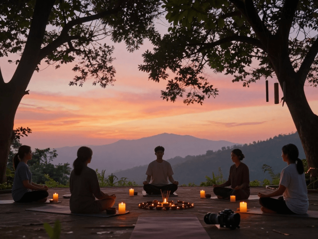 Practicing mantra 88 meditation in serene sunrise setting