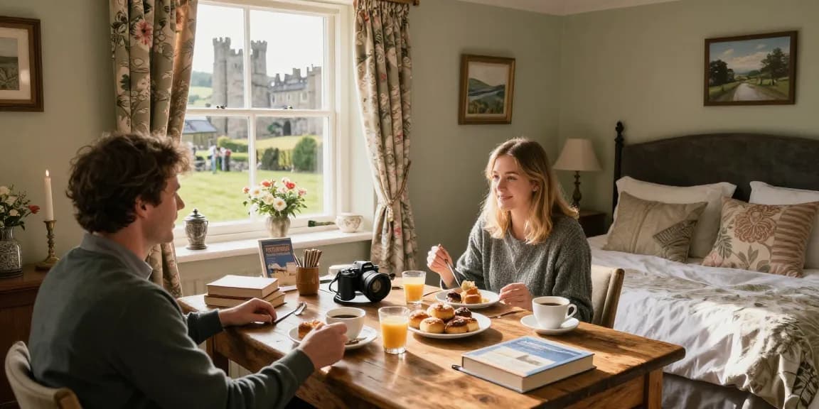 Inviting guesthouse Skipton room with breakfast setup and scenic views