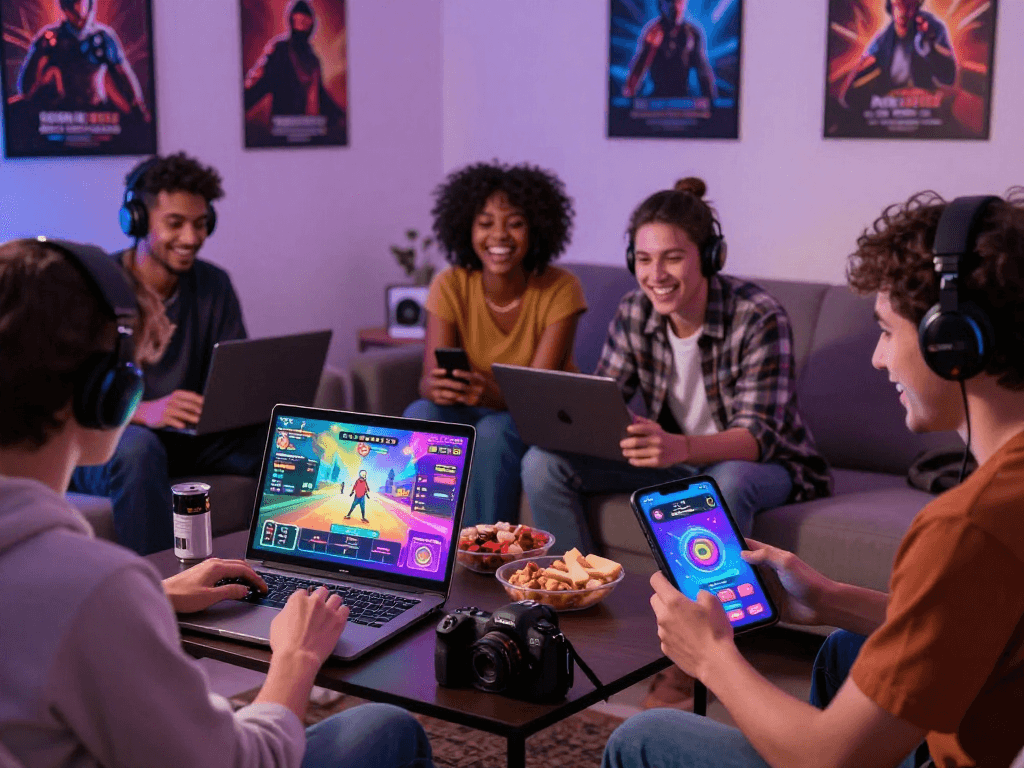 Players enjoying interactive sex games on various devices, showcasing a lively gaming atmosphere.