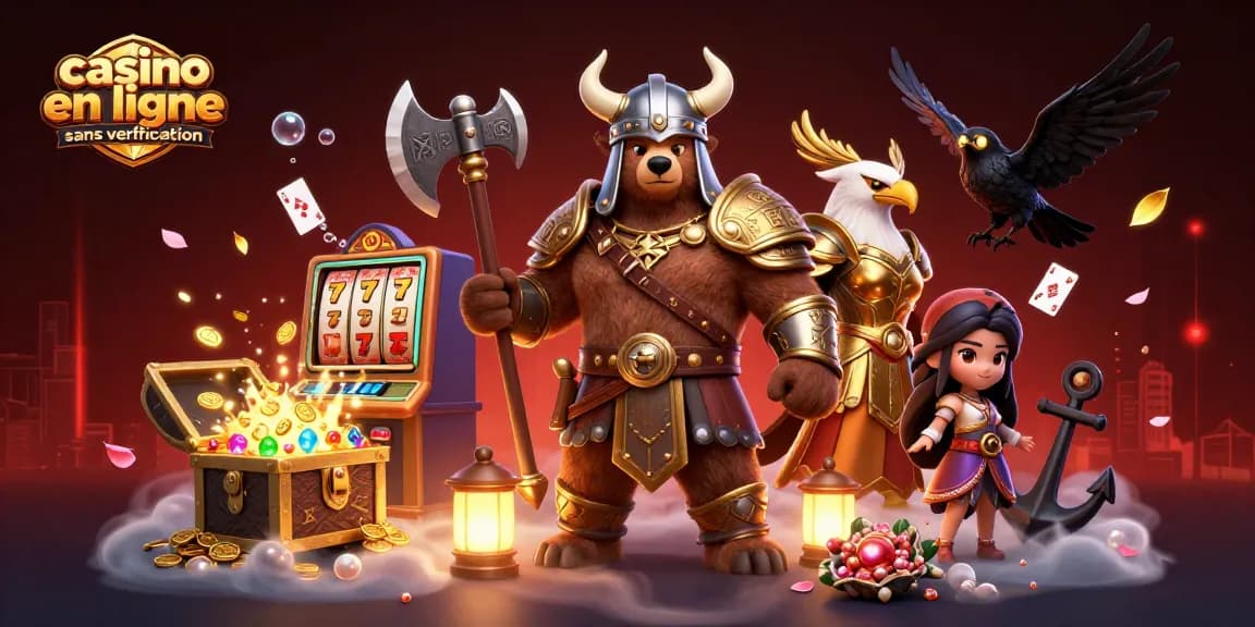 Jouez au casino en ligne sans vérification avec des ours vikings et des éléments colorés.