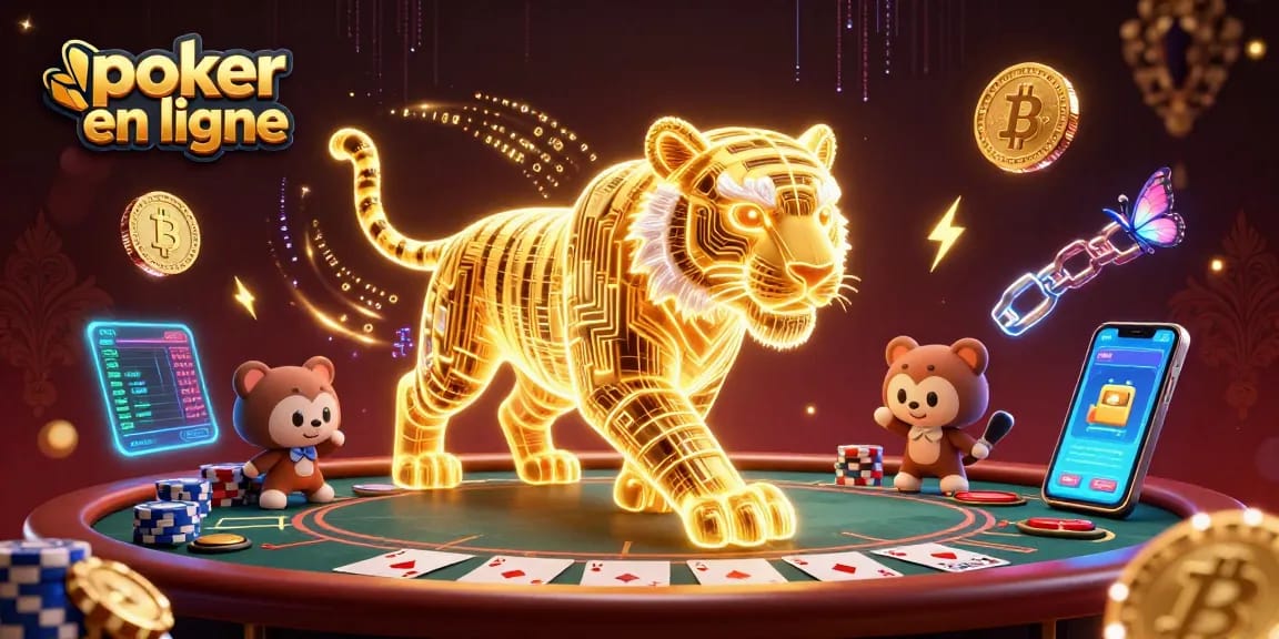 Jouez au poker en ligne dans une ambiance de casino numérique avec le tigre énergétique et des éléments de jeu captivants.