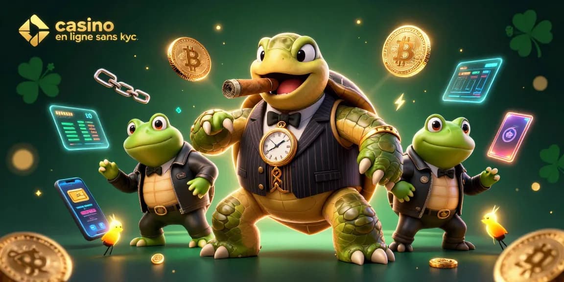 Illustration dynamique d'un casino en ligne sans KYC avec une tortue massive et des grenouilles en costume, symboles Bitcoin et Ethereum.