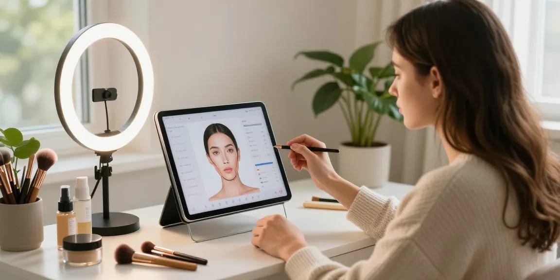 Beauty enthusiast engaged in an attractive test facial analysis with AI technology at home.
