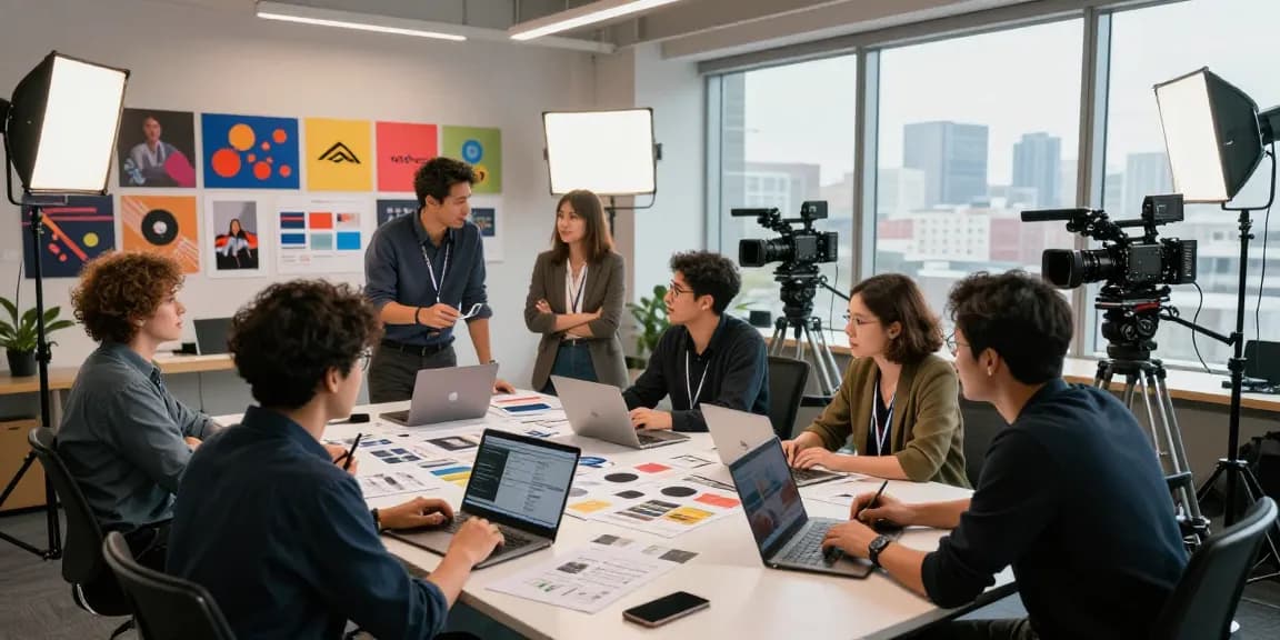 Creative video production company team collaborating on a corporate project, showcasing storyboards and professional equipment in an inspiring studio.