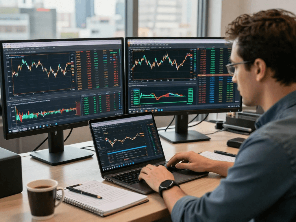分析市场数据的交易者,使用 MetaTrader 5 进行金融交易,展示专业交易环境