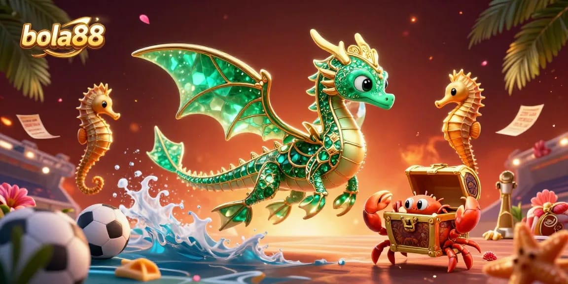 Experience sports thrills with bola88, featuring a dragon amidst vibrant betting elements.