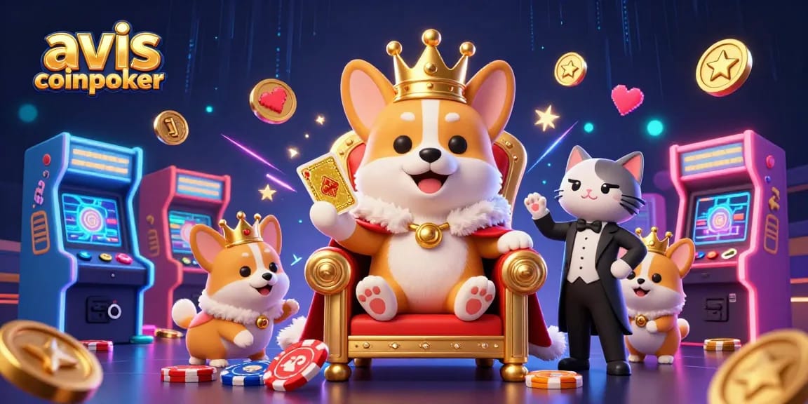 Découvrez les avis CoinPoker avec un corgi royal entouré de jeux colorés, illustrant l'expérience ludique