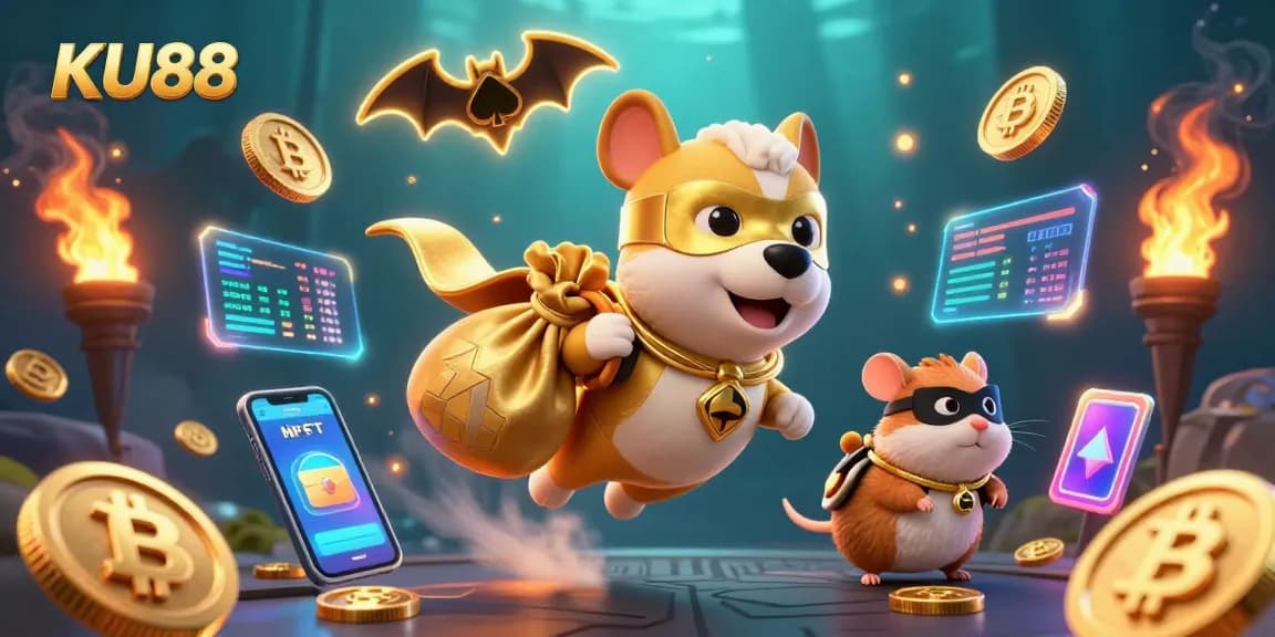 Experience thrilling games with KU88, featuring a superhero dog and hamster amidst vibrant crypto elements.
