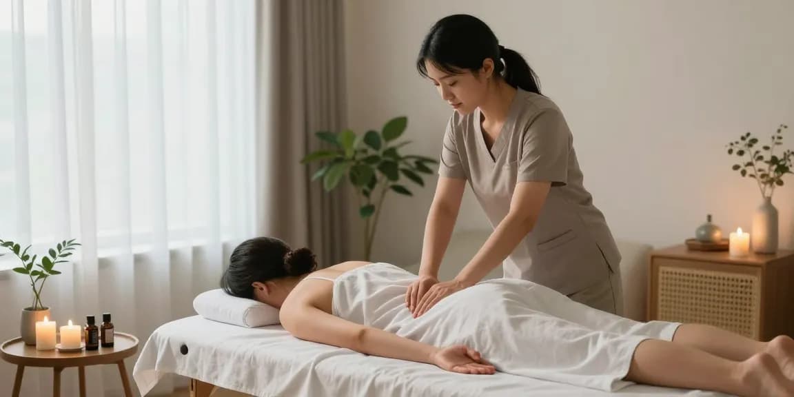 출장안마를 받고 있는 고객과 마사지사, 아늑한 거실에서 편안한 분위기 제공