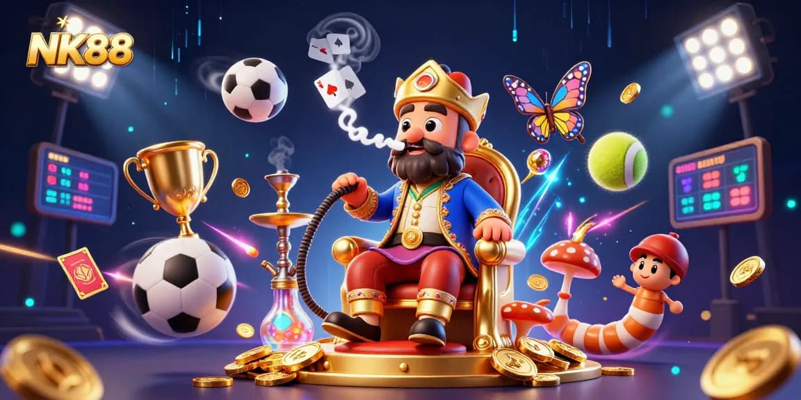 NK88 delights players with a vibrant scene of an enormous caterpillar master and sports action elements.
