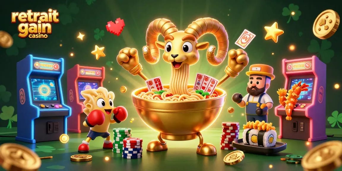 Retrait gain casino : ambiance dynamique avec un bol de ramen géant et des personnages animés.