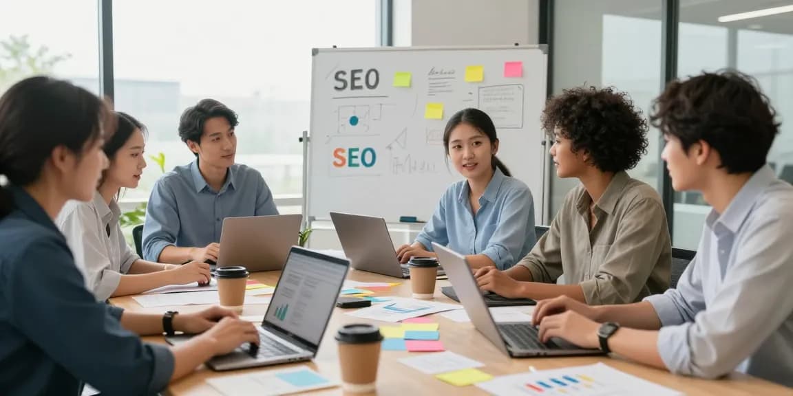 SEO 전문업체의 팀원이 전략 회의를 하는 모습