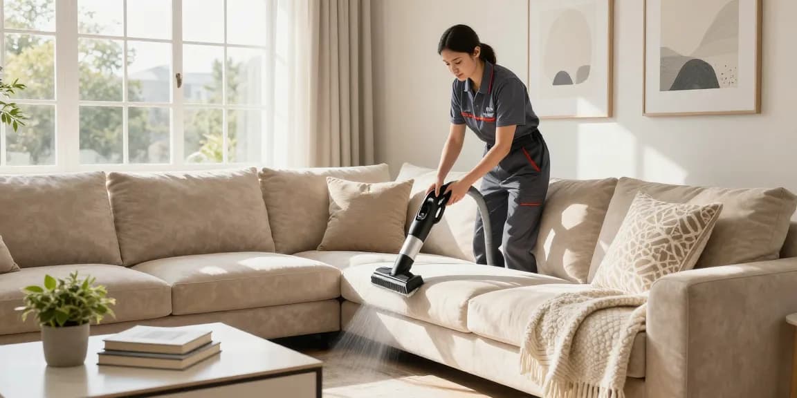 Professional couch cleaning technician steam cleaning a plush beige sofa.