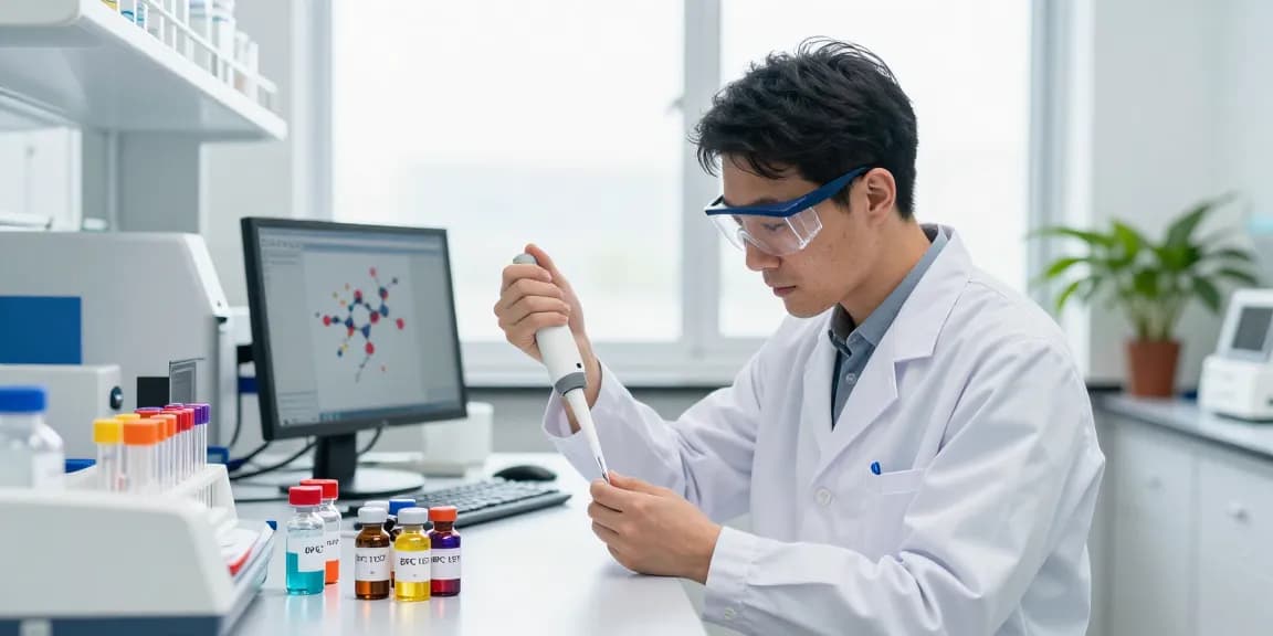 BPC 157 benefits highlighted in a modern lab scene, showcasing precision compounds and research setup.