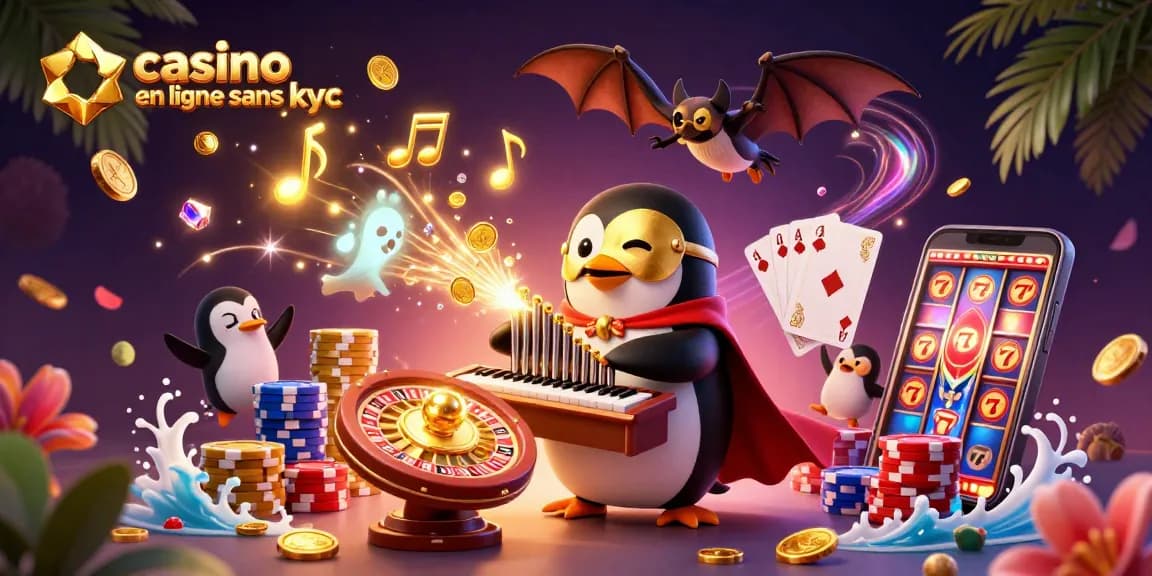 Jouez dans un casino en ligne sans KYC avec notre illustration colorée de jeux de casino.