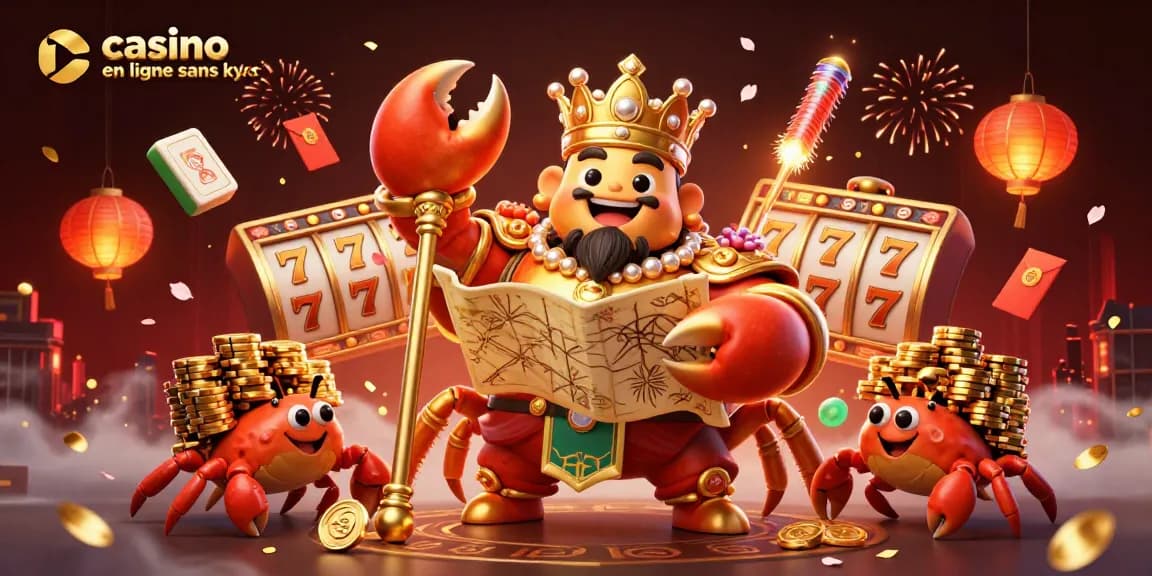 Jouez au casino en ligne sans KYC avec une scène dynamique illustrant un crabe doré entouré de jeux et de trésors.