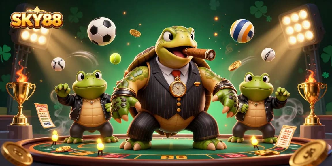 SKY88 showcases a colorful casino scene with a snapping turtle and bullfrogs engaged in thrilling sports betting.