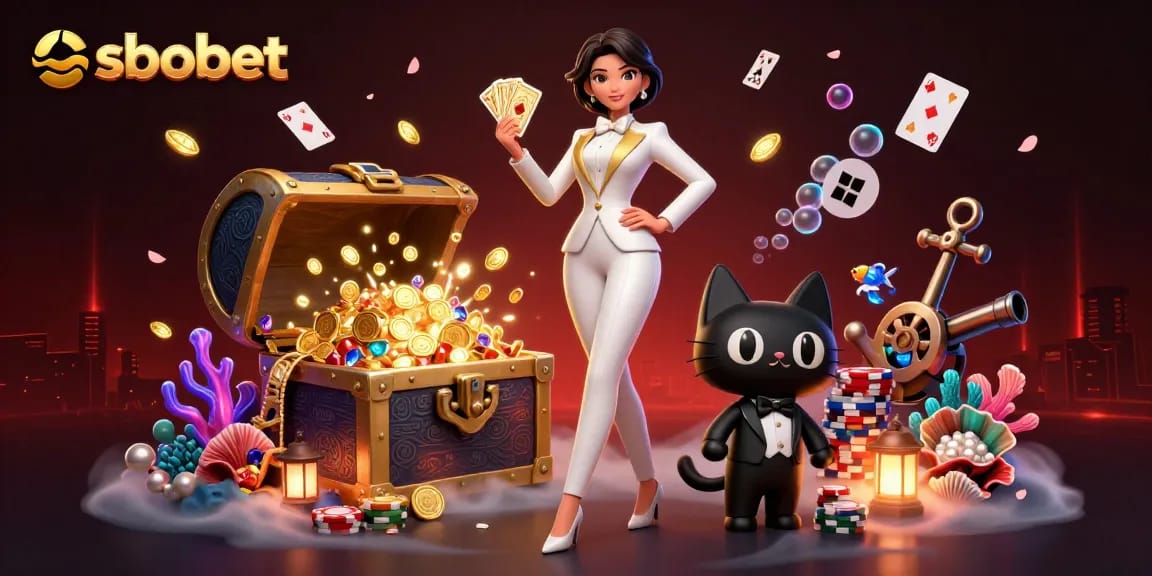 SBOBET offers thrilling poker action in a vibrant 3D casino scene featuring glamorous players and floating cards.