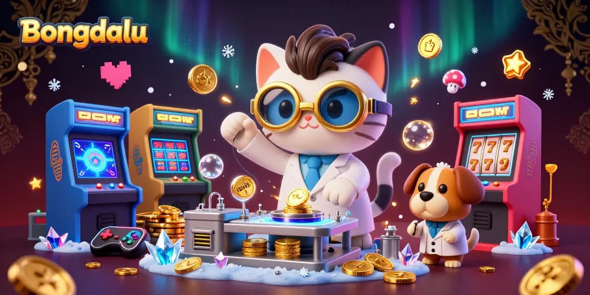 Bongdalu's mad scientist cat creating a gold-coin machine amid vibrant arcade game elements.