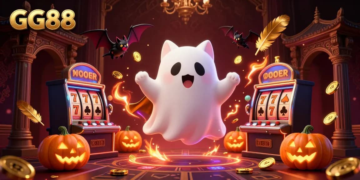 Experience thrilling gaming action with GG88's vibrant ghost cat and vampire bat in a haunted casino.