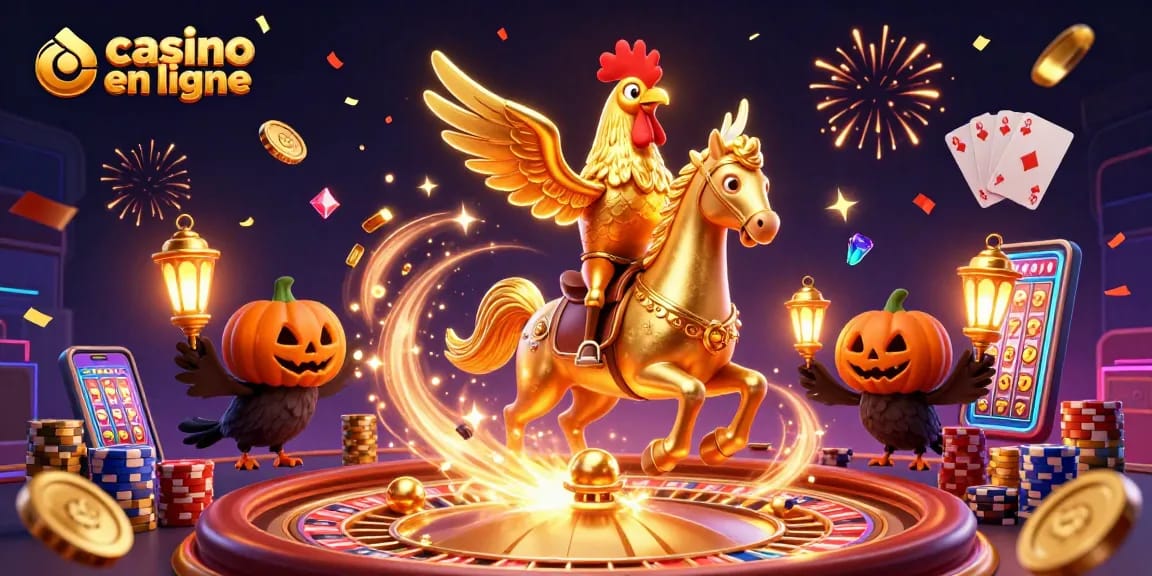 Profitez d'une expérience de casino en ligne captivante avec un coq d'or et des éléments de jeu illuminés.
