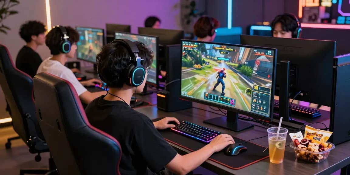 Tantegacor88: Pemain bermain game di lounge modern dengan peralatan canggih.
