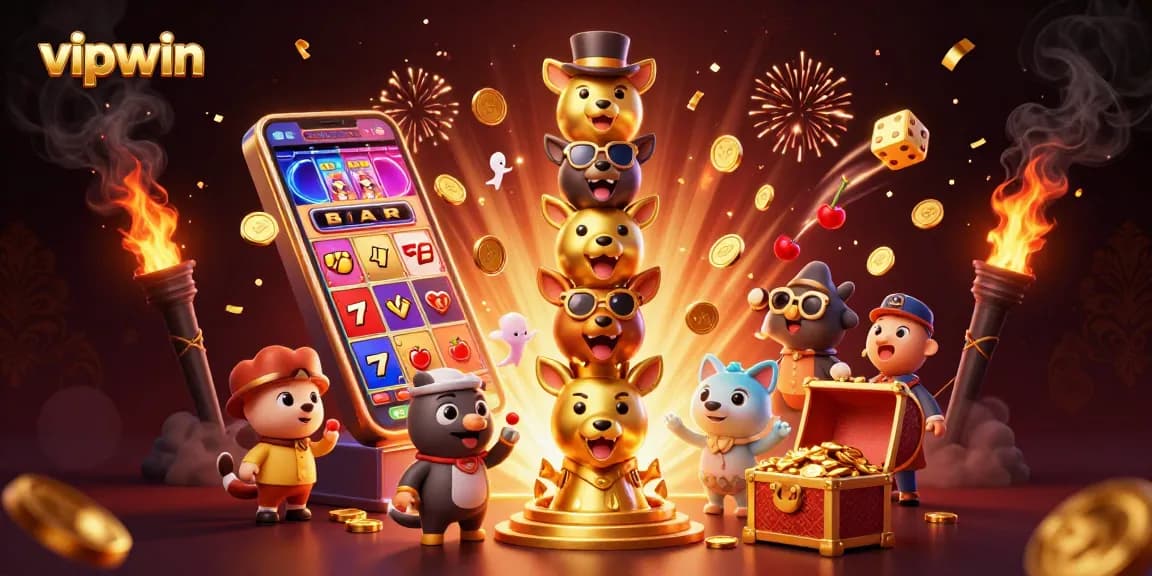 Engaging vipwin casino scene with golden totem and slot machine bursting with coins.