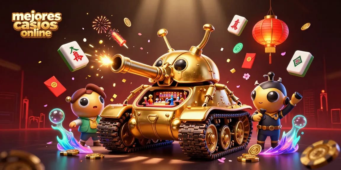 Jugar en los mejores casinos online con un mini casino en un tanque dorado lleno de felicidad y confeti.