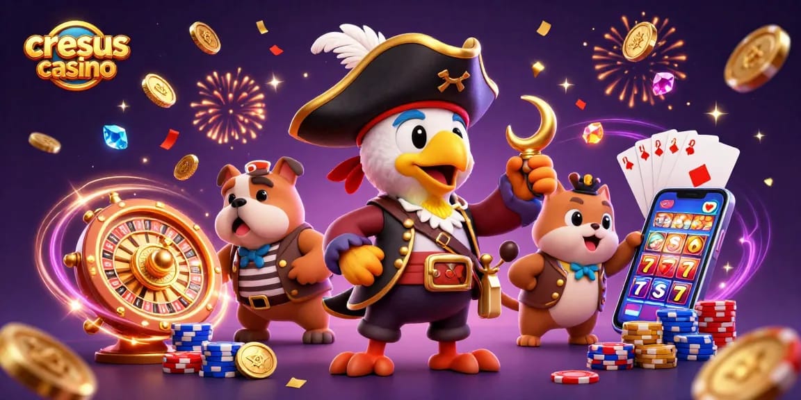 Illustration du casino Cresus mettant en scène des personnages de pirates avec des éléments de casino tels que la roulette et des jetons de poker.