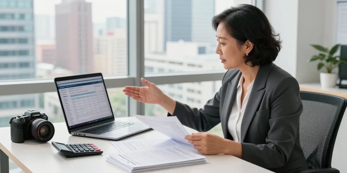 Accountant for rental property discussing tax strategies with a client in a modern office setting.
