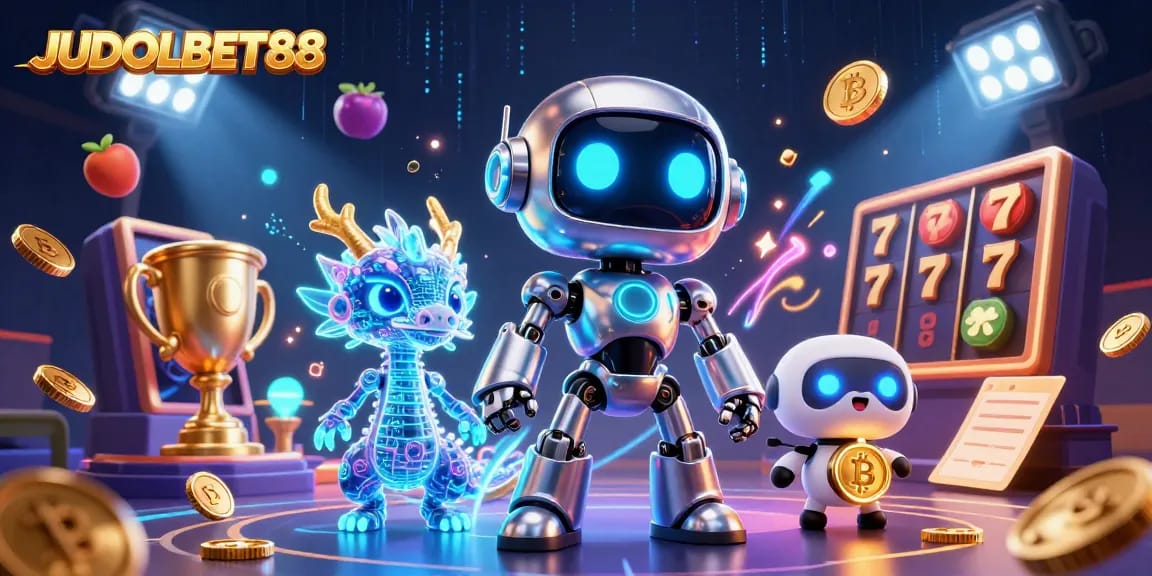 Experience thrilling gameplay at JUDOLBET88, featuring dynamic slot reels and vibrant casino elements in an engaging 3D illustration.