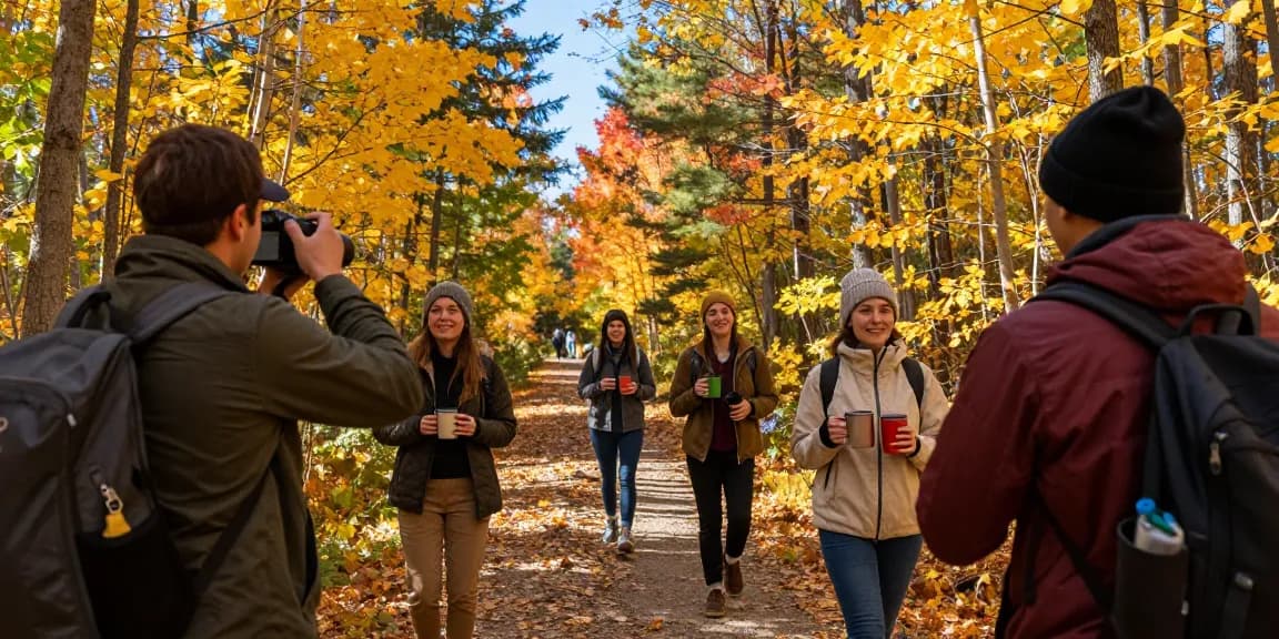 Serge Robichaud exploring New Brunswick's vibrant fall trails with friends, highlighting outdoor adventure and community.