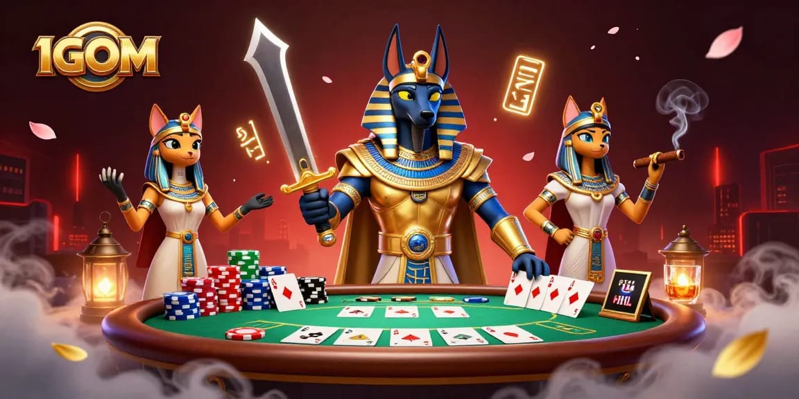 Bet on 1GOM with Anubis and Bastet in a lively poker scene, showcasing dynamic gameplay.