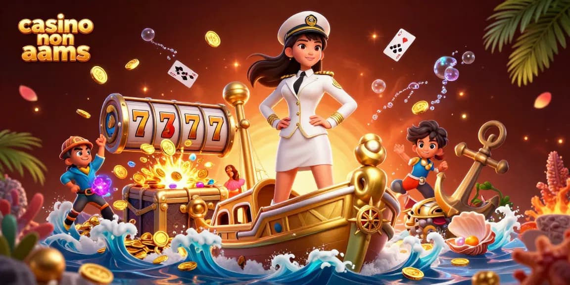 Vinci nei casino non AAMS con un'illustrazione dinamica in 3D di una donna impegnativa tra giochi di slot e tesori.