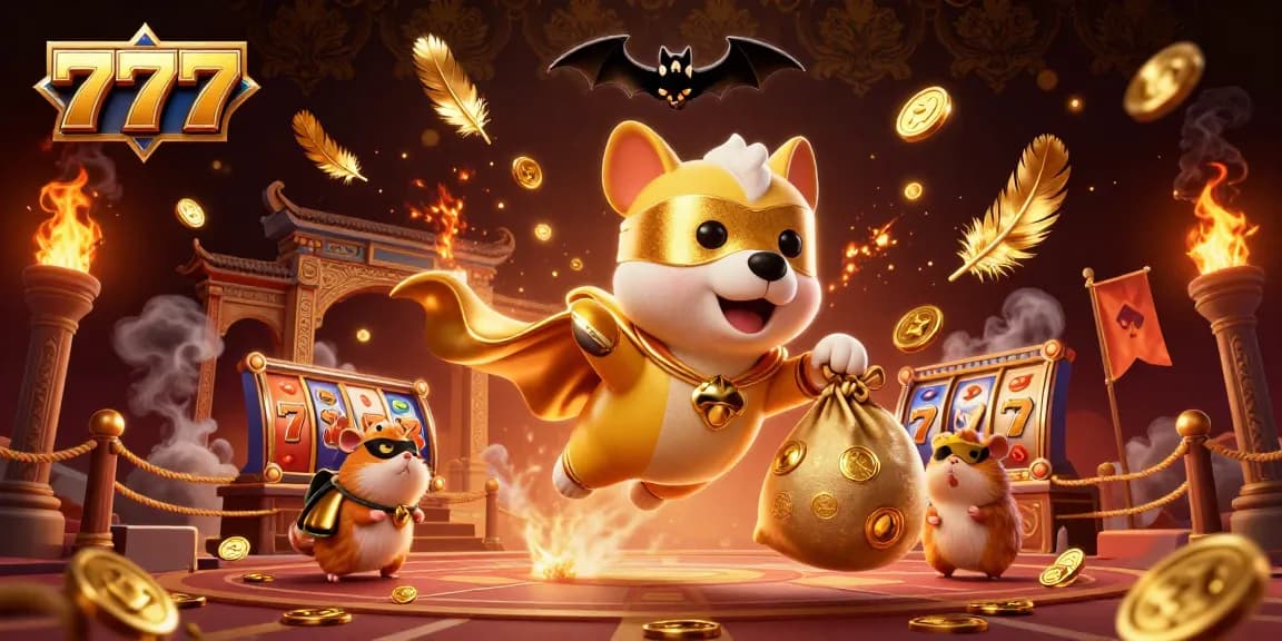 Experience thrilling action with 777 slot characters, featuring heroic dog and hamster in a vibrant casino scene.