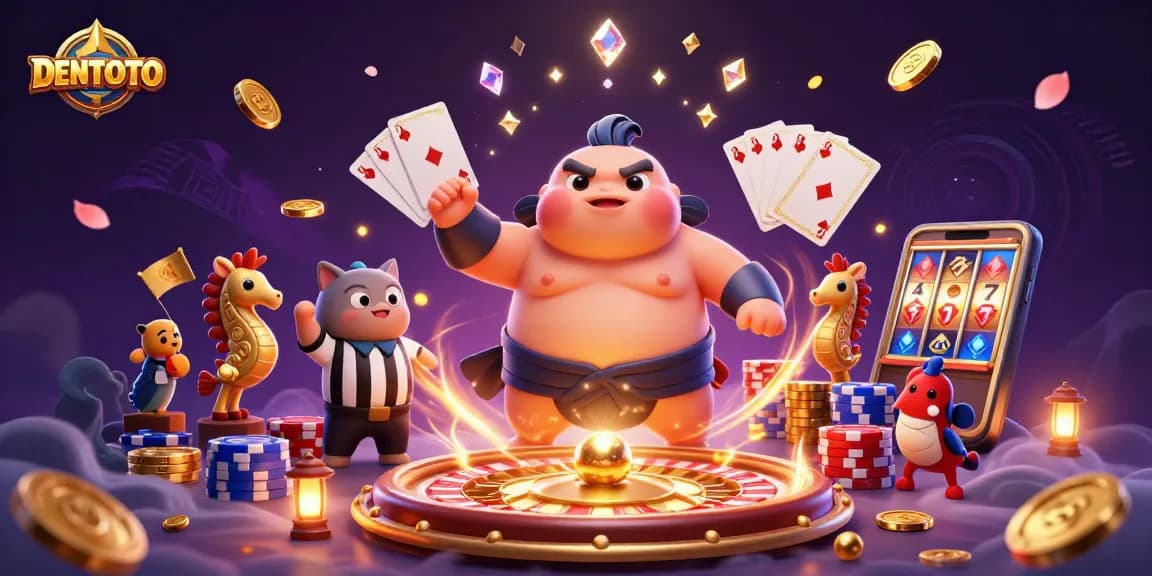 DENTOTO showcases a vibrant underwater casino scene with a giant fugu and catfish referee surrounded by gaming elements.