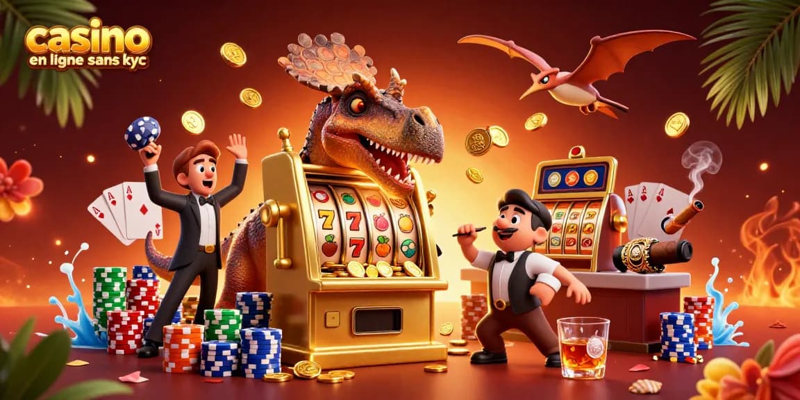 Le casino en ligne sans KYC offre une scène dynamique avec des personnages préhistoriques jouant aux machines à sous.