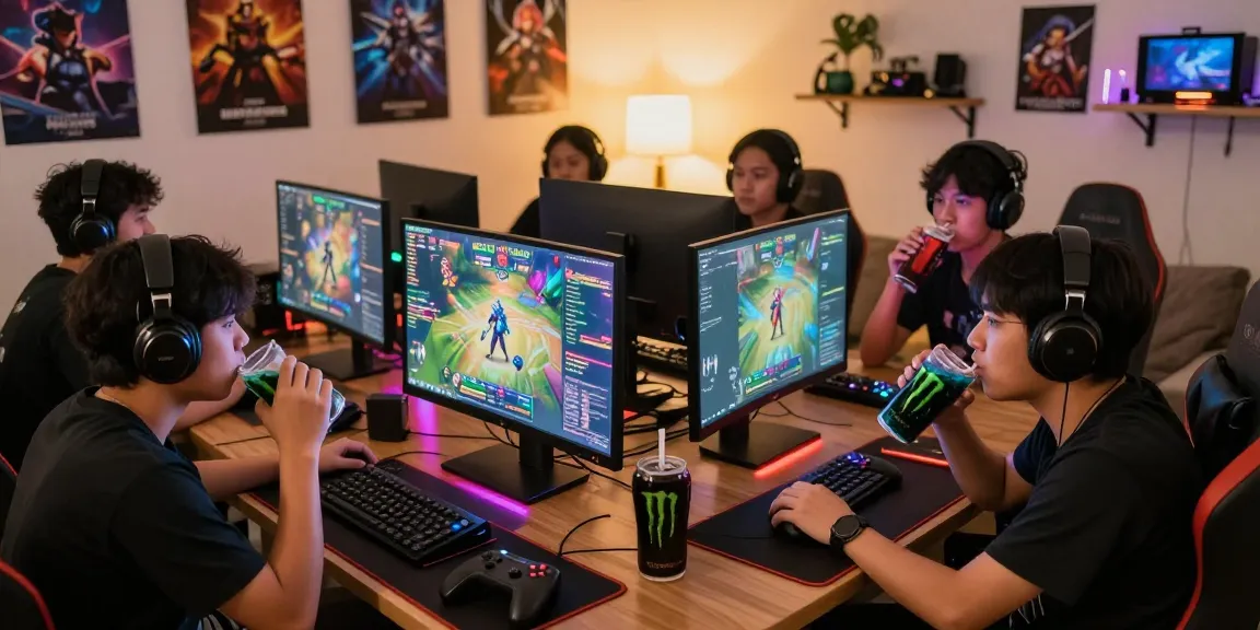 Filipino gamers engaged in a lively discussion about discounted top up strategies for Mobile Legends, surrounded by gaming gear and colorful monitors.