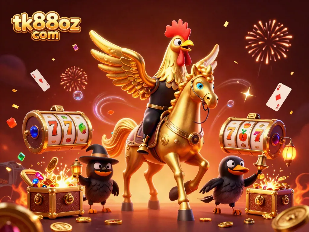 Experience explosive wins at tk88oz com with a golden rooster and treasures in a vibrant casino.