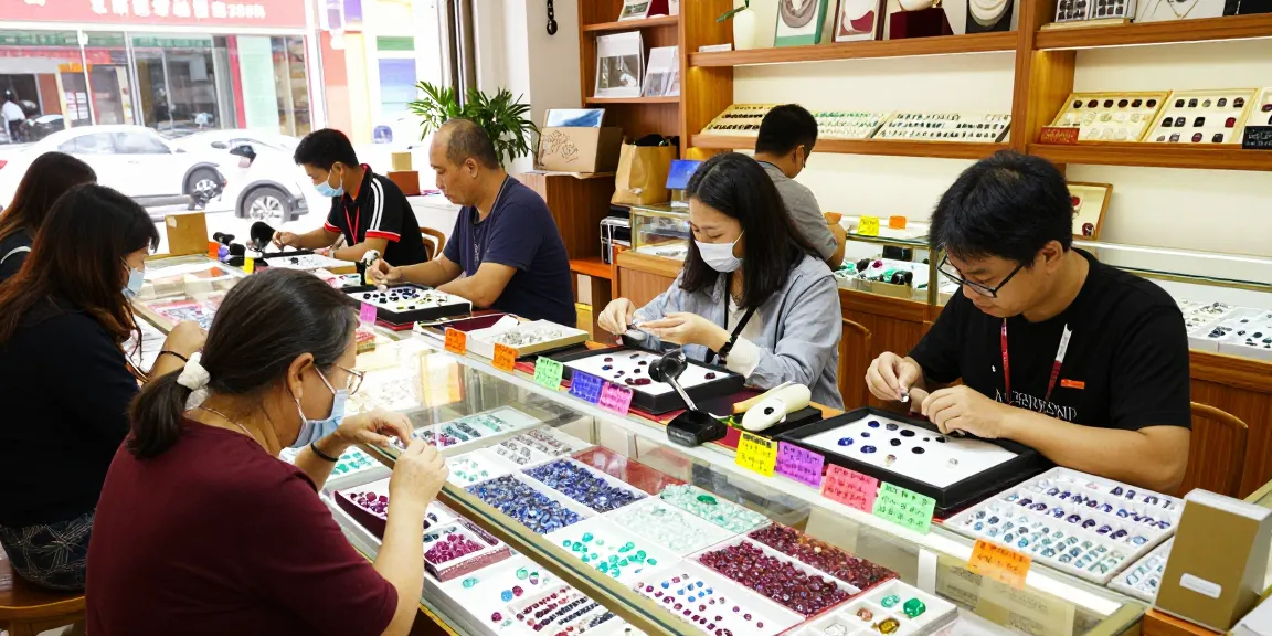 Engaging shopping scene at https://www.mygemspot.com featuring diverse gemstones, knowledgeable merchants, and vibrant displays.