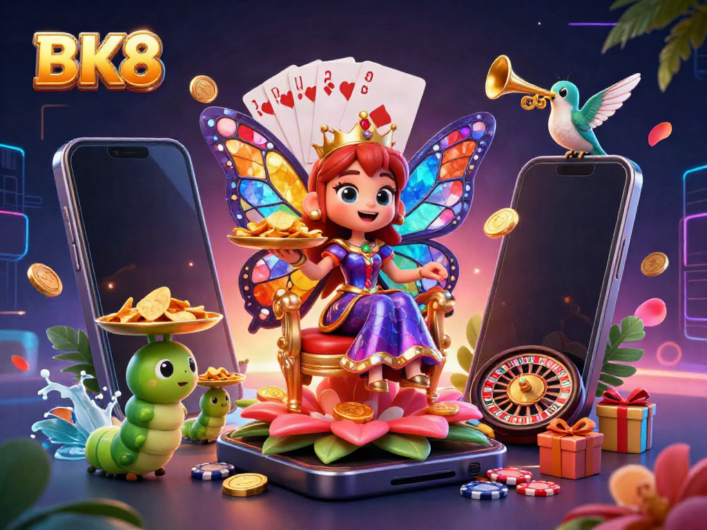 Engage with BK8's vibrant gaming experience, illustrated by a butterfly queen surrounded by dynamic casino elements.
