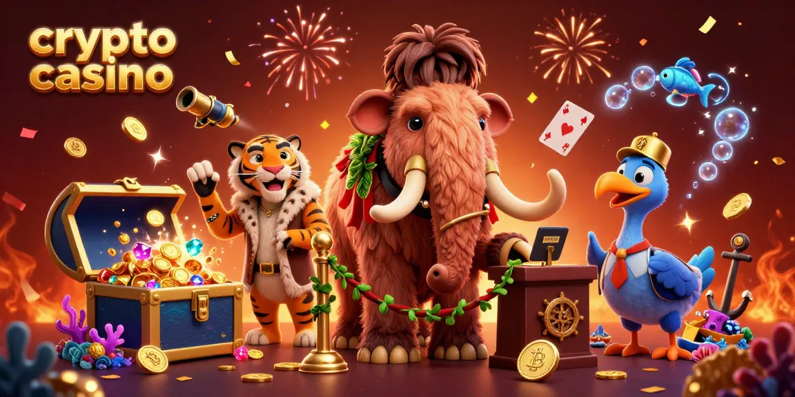 Les jeux passionnants du casino crypto, avec un mammouth concierge, un tigre VIP et un oiseau dodo, entourés de pièces brillantes.